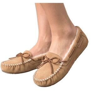 Minnetonka Cally Slipper Tan Suede Faux Fur Lined Moccasin Size 5M NEW